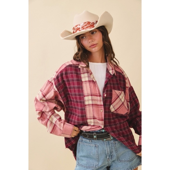 Pink Mauve Kambrie Button Down Plaid Patchwork Flannel Casual Shirt - Picture 7 of 8